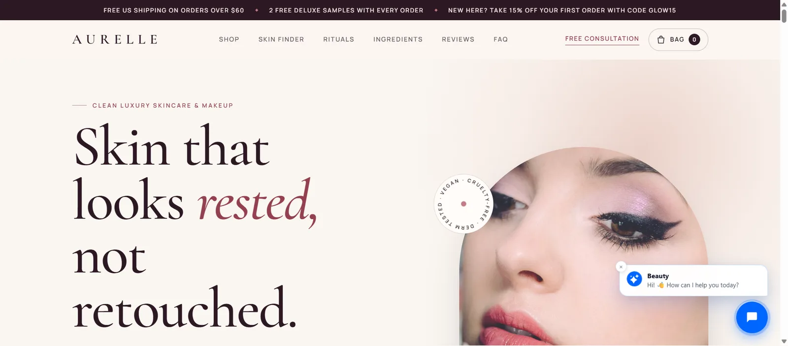 The Aurelle home page, with the Botvee chat button in the corner