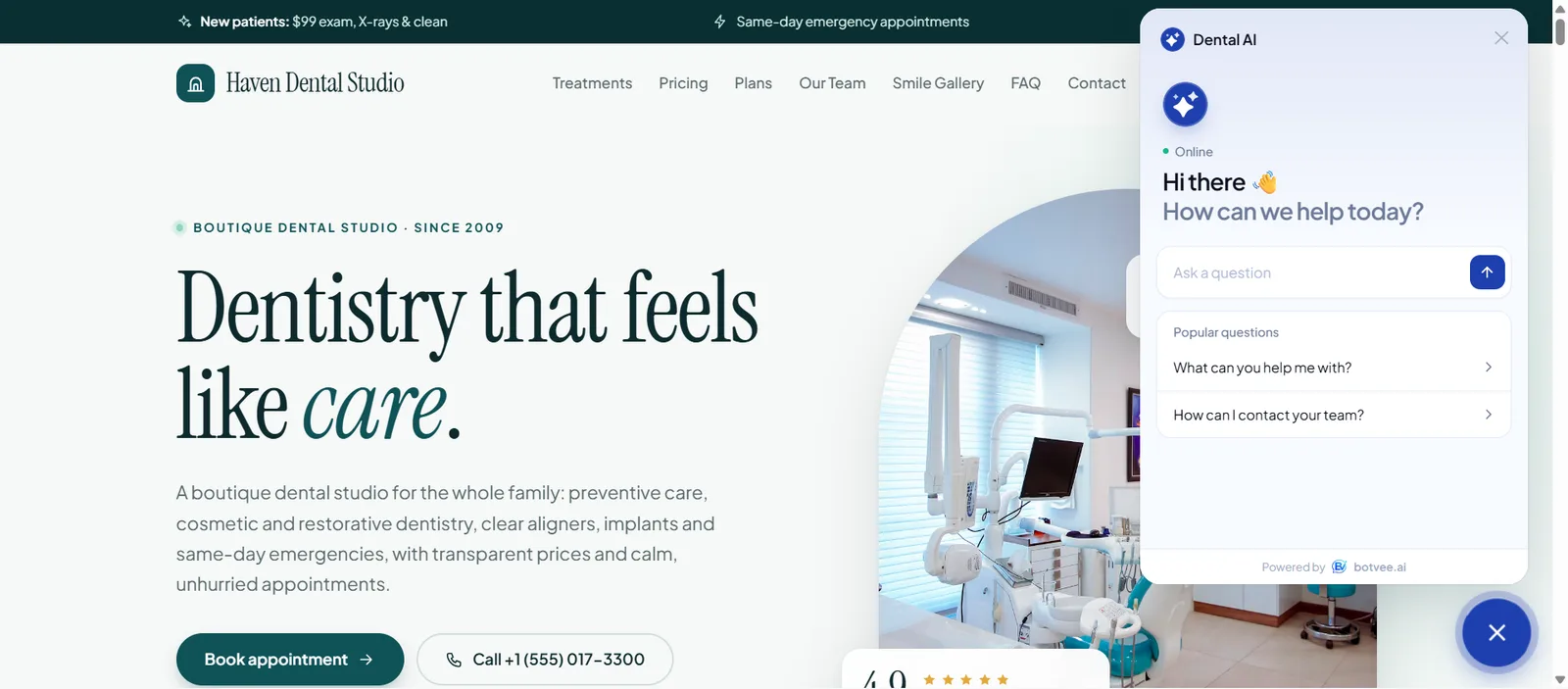 The Botvee chat open on Haven Dental Studio